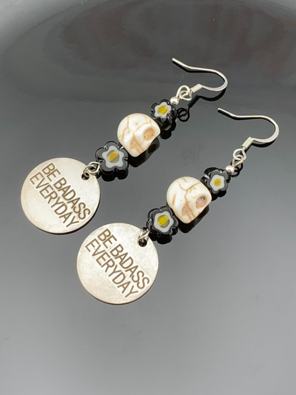 Be Badass Everyday Skull Black Flowers Handmade Handcrafted Earrings LR184